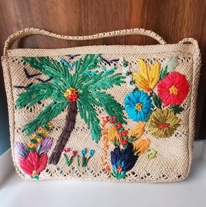 Tropical woven straw and raffia shoulder bag